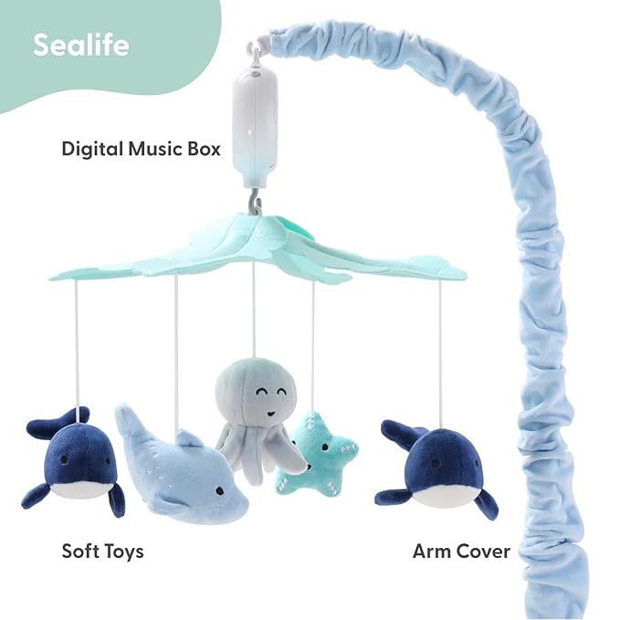 The Peanutshell Crib Mobile for Boys or Girls - Light and Dark Blue Musical Baby Crib Mobile with 12 Lullabies, Ocean Baby Nautical Nursery Decor