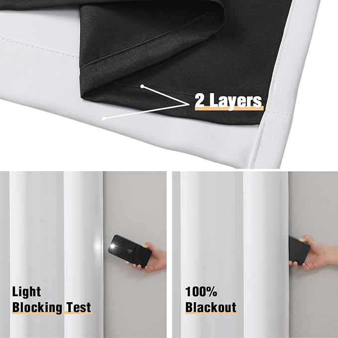 ChrisDowa 100% Blackout Curtains 78 inch Long for Bedroom with Black Liner, 2 Thick Layers Total Blackout Thermal Insulated Grommet Window Curtains 2 Panels Set (Pure White, 42 x 78 Inch)
