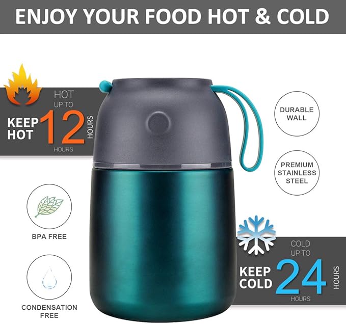 Insulated Thermo Food Jar for Hot & Cold Food for Kids Adult, 17 oz Soup Thermal Hot Food Containers for Lunch, Triple Layer Insulation Stainless Steel Food Jar with Spoon (Green)