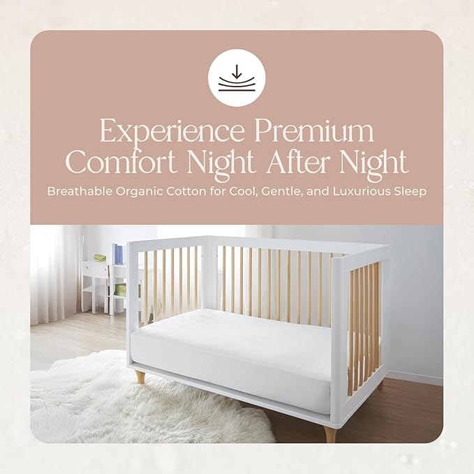 Organic Crib Mattress Protector - 100% Waterproof Crib Mattress Protector Pad with Soft Quiet & Breathable Triple Layer Protection - Fairtrade & GOTS Certified and Machine Washable (52"x28"x9”)