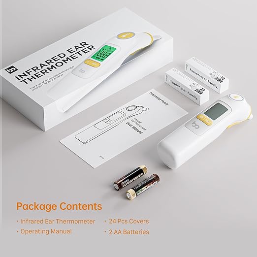 Ear Thermometer, Highly Accurate Ear Thermometer for Kids, Adults and Babies, 30 Memory Recall, 1s Result and 3-Color Fever Alert, with 24 Disposable Probe Covers, Yellow