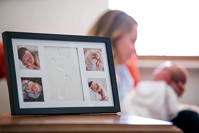 Baby Hand and Footprint Kit - Newborn Keepsake Picture Frame, Inkless Foot & Handprint Clay Mold - Baby Registry, New Mom Baby Shower, Gender Reveal Gift, Personalized Boy or Girl Nursery Photo Prints (Large, Black)