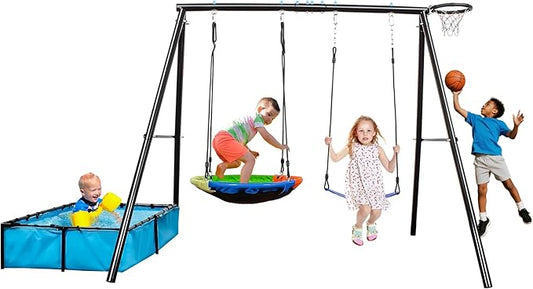 4-in-1 Heavy Duty Swing Set for Backyard – Large Metal Frame with Saucer Swing, Sandbox, Basketball Hoop & Single Swing Seat | Toddler to Kids Play Equipment | Outdoor & Indoor Use | Kids Gift