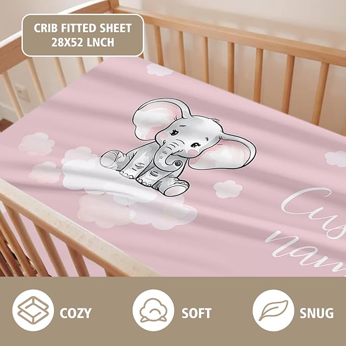 Custom Name Crib Bedding Set - Starry Sky Elephant Design, Personalized Baby Nursery Bedding 3-Piece Set– Soft Blanket, Fitted Sheet, Changing Pad Cover – for Newborns Girls Nursery Gifts