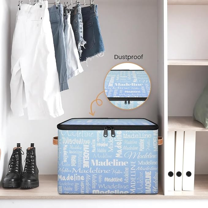 Custom Storage Basket with Name, Personalized Storage Bins with Zipper Lid, Foldable Fabric Storage Box Large capacity with Handle White Blue