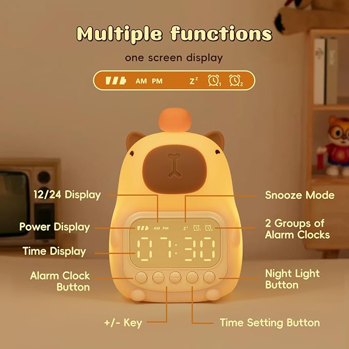 Capybara Alarm Clock with Night Light for Kids, Cute Alarm Clocks for Bedrooms Ok to Wake Clocks, Silicone Animal Tabletop Lamp for Teen Girls Boys