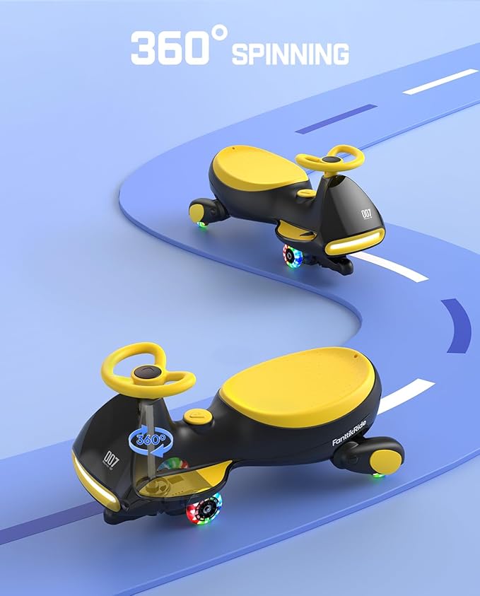 FanttikRide 6V N7 Classic Electric Wiggle Car with Pedal, Rechargeable Battery, Ride on Toys, Swing Car, 2 Speeds, Anti-Rollover, Flashing Light Wheels, Bluetooth, for Ages 3 and Up, 150 Lbs, Yellow