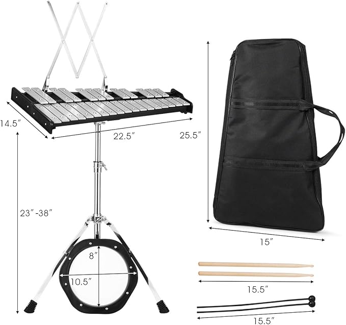Giantex Percussion Glockenspiel Bell Kit 30 Notes, Xylophone with Adjustable Height Frame, Music Stand, 8" Practice Pad, Bell Mallets, Drumsticks, Carrying Bag, for School Band Beginner Student