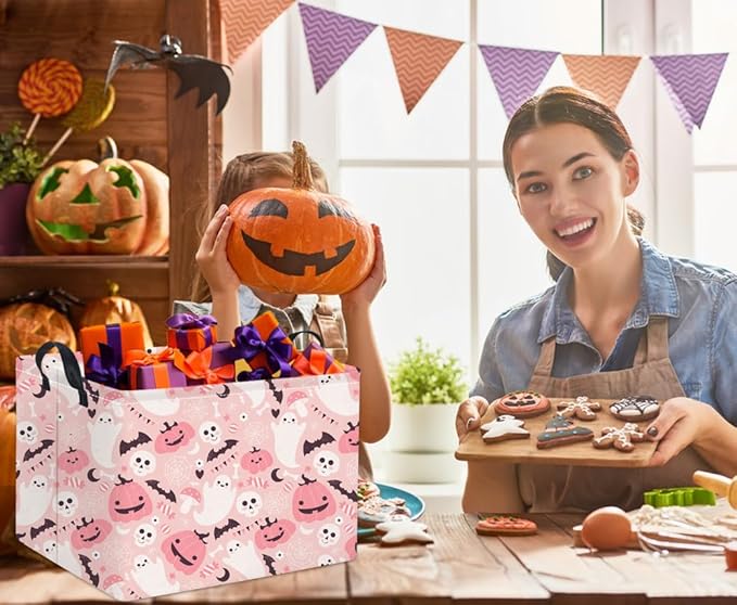 HIYAGON Rectangular Halloween Basket for Boys and Girls Kids Trick or Treat Pumpkin Basket for Halloween Parties Cute Storage Bin Organizer Box Room Decor(Pink ghost pumpkin)