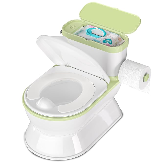 2-in-1 Toddler Potty Training Toilet - Larger Potty Chair & Detachable Training Seat for Boys & Girls Ages 1-3 with Flushing Sound, Wipes Storage, Toilet Paper Holder - Green