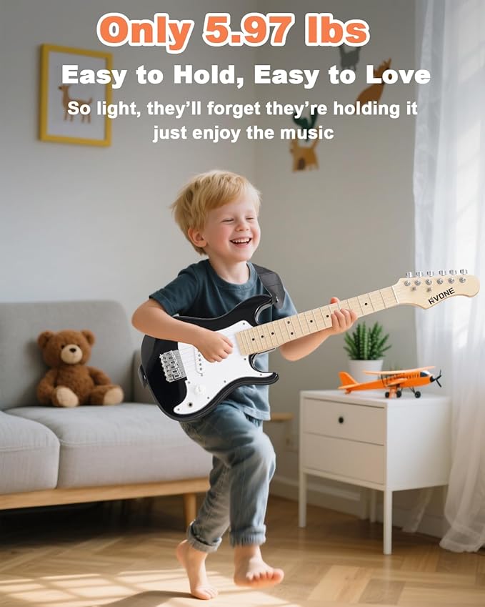 30 Inch Kids Electric Guitar Kit Beginner Complete Bundle with Smooth Fingerboard, Lightweight Design for Child, 5W Practice Amp, Gig Bag, Tuner, Strap, Cable, Picks, Extra Strings, RST-70 Black