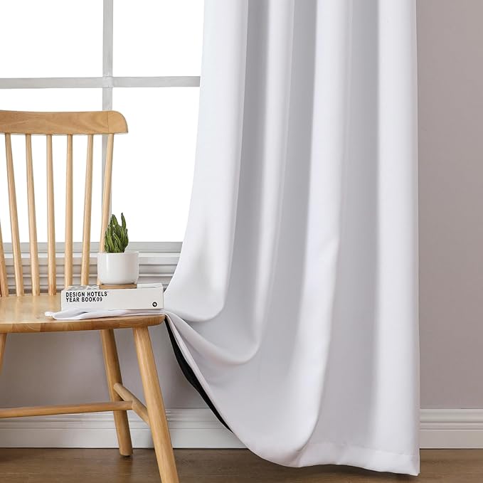 ChrisDowa White 100% Blackout Curtains 108 inch Long for Bedroom with Black Liner, 2 Thick Layers Total Blackout Thermal Insulated Grommet Window Curtains 2 Panels Set (Pure White, 52 x 108 Inch)