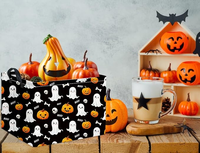 HIYAGON Rectangular Halloween Basket for Boys and Girls Kids Trick or Treat Pumpkin Basket for Halloween Parties Cute Storage Bin Organizer Box Room Decor(Black ghost)