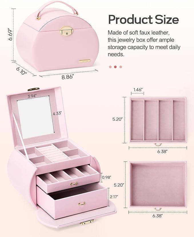 Homde Girls Jewelry Box Jewelry Storage Case Organizer with Mirror for Rings, Earrings, Bracelets, Necklaces (Light Pink + Gold)