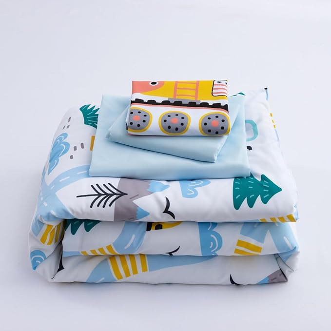 NTBED 4 Pieces Construction Toddler Bedding Set for Baby Boys, Truck Vehicles Excavator Cars Printed, Includes Comforter, Flat Sheet, Fitted Sheet and Pillowcase,Light Blue