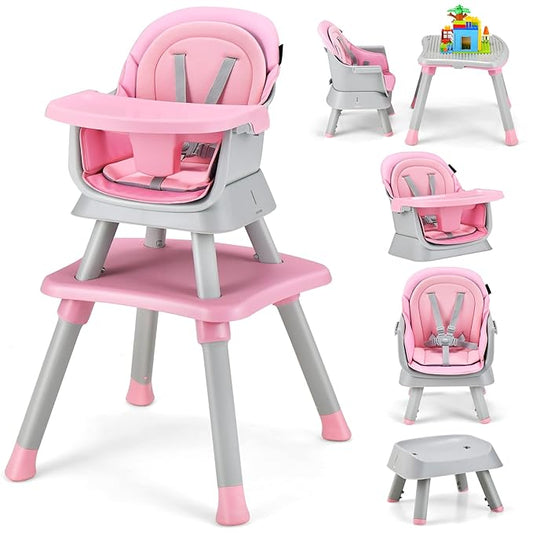 HONEY JOY 8 in 1 Baby High Chair, Convertible Highchair for Babies and Toddlers/Table and Chair Set/Building Block Table/Booster Seat/Stool/Toddler Chair with Safety Harness (Pink)