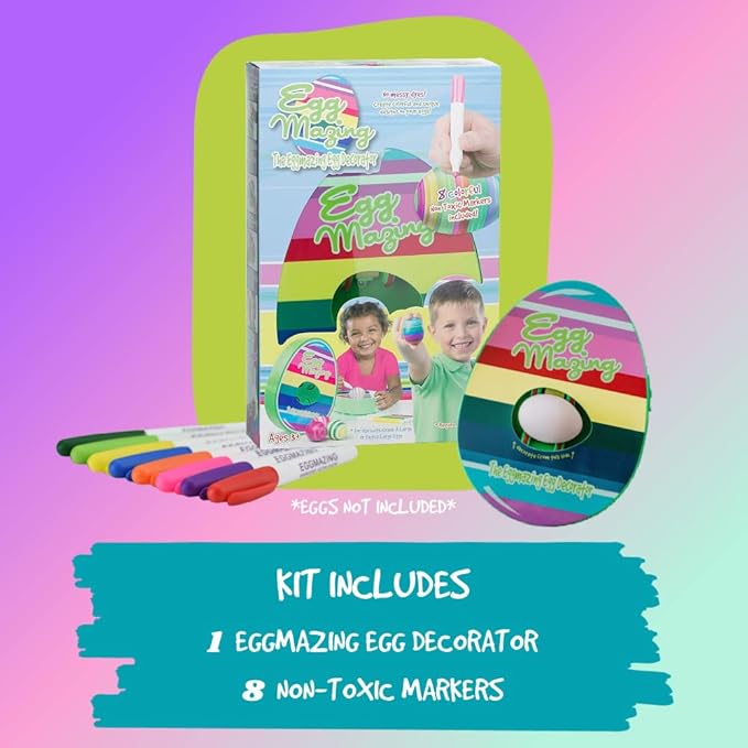 The Eggmazing Egg Decorator The Original Easter Egg Decorator Kit - Arts and Crafts Set - Includes Egg Decorating Spinner and 8 Colorful Quick Drying Non Toxic Markers [Packaging May Vary]