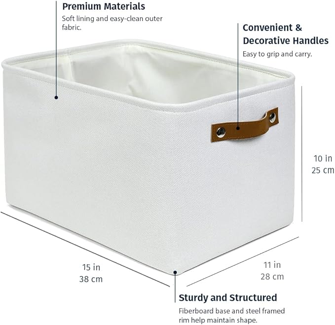 OrganiHaus Large Fabric Storage Baskets for Shelves 3 Pack | 15x11 inches Closet Bins Cloth Cubes Linen Organizers Basket - White Basket