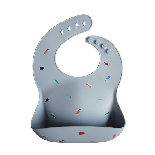 mushie Silicone Baby Bib | Adjustable Fit Waterproof Bibs (Retro Cars)