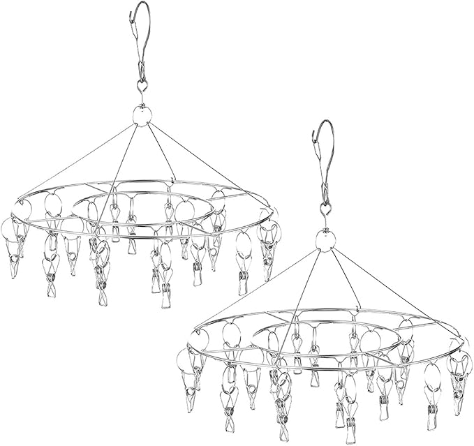 CenYouful 2 Pack Stainless Steel Round Hanging Drying Rack with 20 Clips for Drying Socks, Baby Clothes, Bras, Towel, Underwear, Hat, Scarf, Pants, Gloves