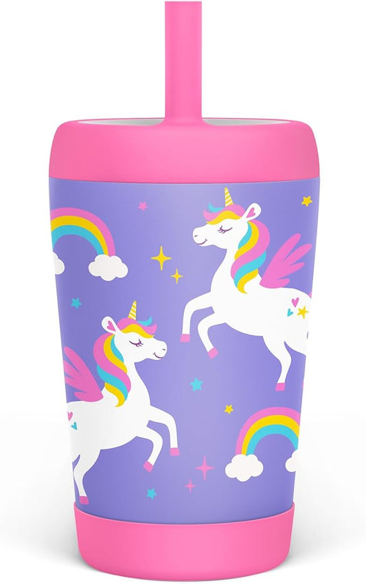 Kid Insulated Stainless Steel Tumbler with Silicone Straw, 12oz Sippy Cup for Kids (Unicorn)