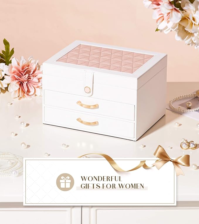 White Jewelry Box Organizer: Home Decor for Women - 2-Drawer Holder for Valentine’s Day Birthday Christmas White Pink