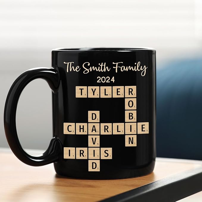 Family Forever Linked Together Custom Names Ceramic Mug, Crossword Puzzle Art, for Birthday, Anniversary or Special Occasions (Family Forever Linked Together Black Mug)