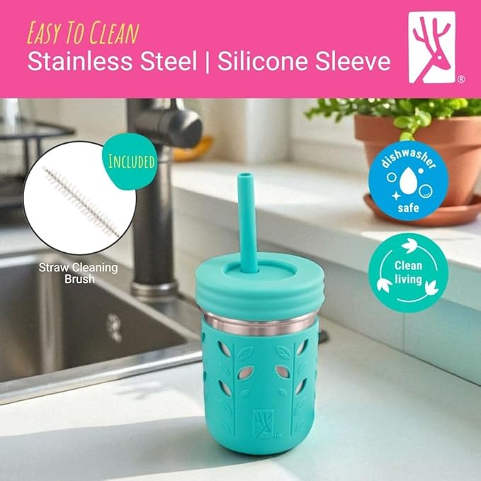 Elk and Friends 14oz Stainless Steel Kids + Toddler Drinking Cups | The Original Mason Jars with Lids + Sleeves + Straws | Smoothie Cups | Spill Resistant | Dishwasher Safe | 4 Pack