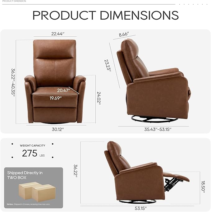 COLAMY Leather Swivel Recliner Chair with Footrest, Rocker Recliner High Back with Double-Layer Cushion, Glider Recliner for Nursery & Living Room, Bedroom, Cocoa