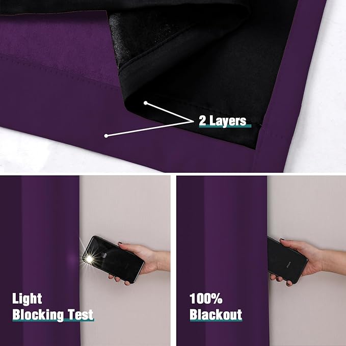 ChrisDowa 100% Blackout Curtains 108 inch Long for Bedroom with Black Liner, 2 Thick Layers Total Blackout Thermal Insulated Grommet Window Curtains 2 Panels Set (Royal Purple, 52 x 108 Inch)