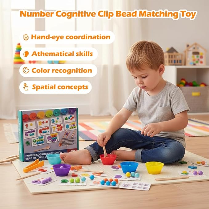 Montessori Arithmetic Math Toy Set, Toddler Wooden Montessori Toys for 2 3 4 5 6 Years Old, Number Cognitive Clip Bead Matching Game, Boy Girl Birthday Gift