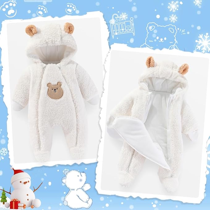 Fairy Baby Newborn Baby Winter Snowsuit Bear Thick Romper Footie Double Zip Hooded Jumpsuit Fleece Coat Infant Boy Girl 0-12M