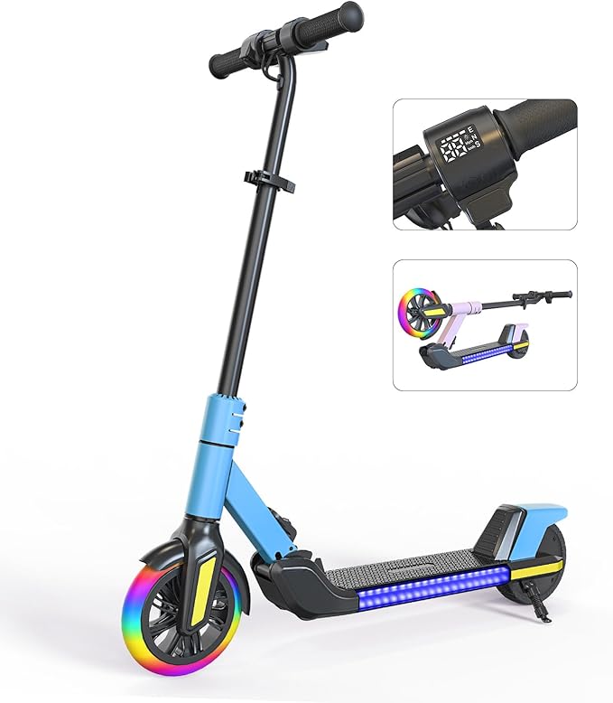 Electric Scooter for Kids Ages 6-12， Max Speed 6.5MPH, max Range 6Miles， with Acceleration Throttle and Electronic Brake， Foldable and Height Adjustable Kids Electric Scooter