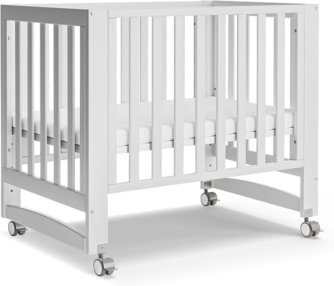 EvoNest Baby Crib, 6 in 1 Convertible Mini Crib with Wheels, 100% New Zealand Solid Wood Growing Bed, 4 Adjustable Mattress Height，White