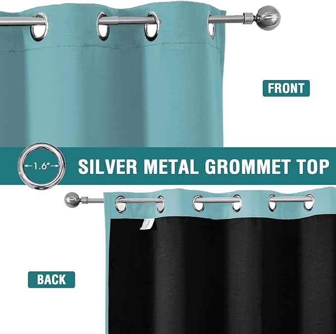 ChrisDowa 100% Blackout Curtains 80 inch Long for Bedroom with Black Liner, 2 Thick Layers Total Blackout Thermal Insulated Grommet Window Curtains 2 Panels Set (Aqua, 52 x 80 Inch)