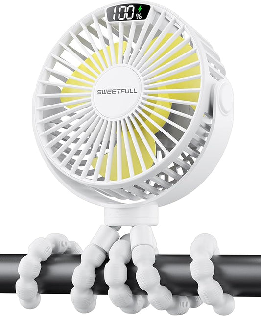SWEETFULL Portable Stroller Fan with Display 4000mAh Battery Powered Mini Clip On Fan, 4-Speed Rechargeable Small Personal Cooling for Baby Car Seat Crib Travel - White