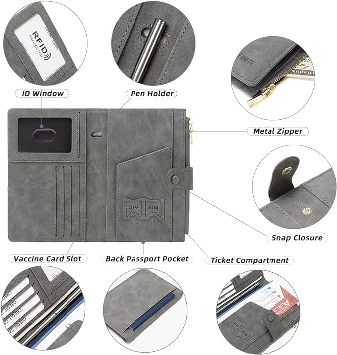 Mudono Passport and Card Holder for Women RFID Blocking Card Case Slim Travel Wallet Change Purse with Vaccine Card Slot