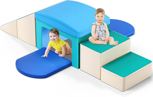 SURPCOS Foam Climbing Blocks for Toddlers - Soft Play Set for Toddlers 1-3 - Climbing Toys - Baby Climbing Gym Foam - with Slide Stairs and Tunnel - Great for All Ages (6 Pc Blue Soft Play Area Set)