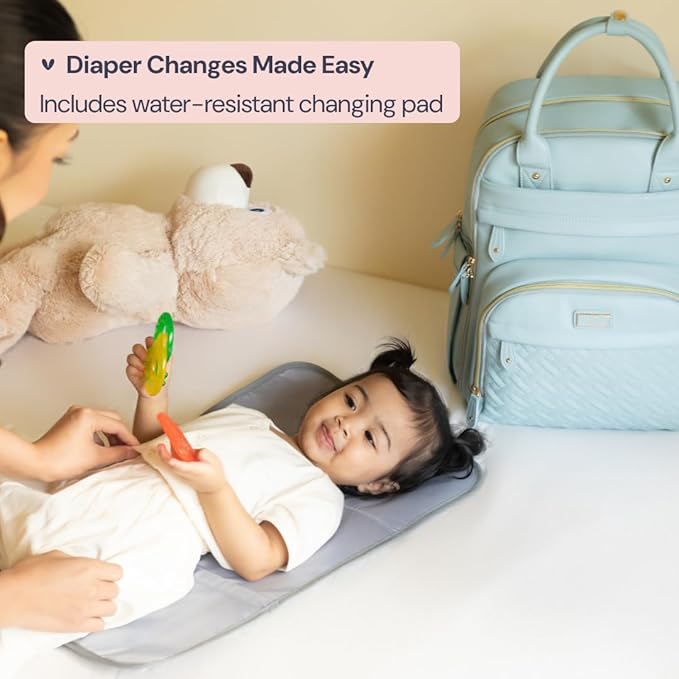 BabbleRoo Leather Diaper Bag Backpack - Baby Essentials Travel Baby Bag, Multi function, Waterproof, with Changing Pad, Stroller Straps & Pacifier Case – Unisex, Powder Blue