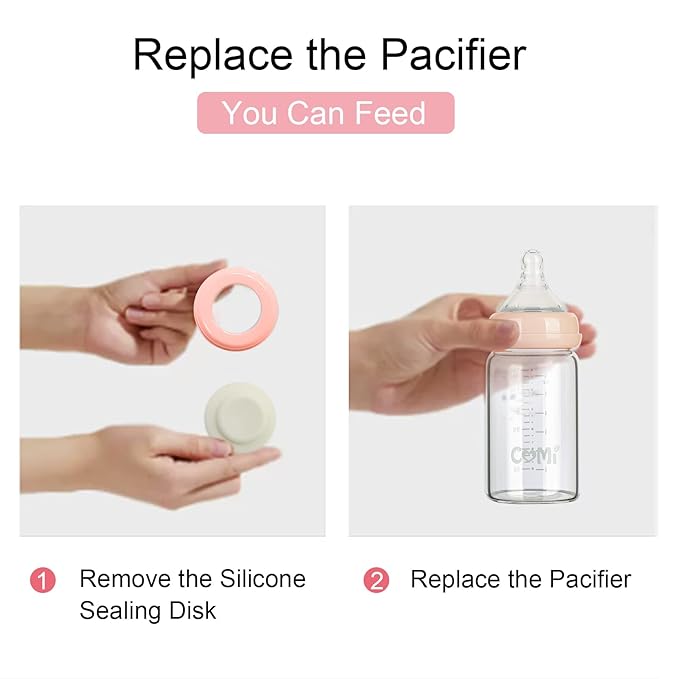 COMI Wide Neck Glass Breastmilk Collection n Storage Bottle, 4 Packs, 6oz with Screw Ring Sealing Disk; Re-markable Sealing Disc. BPA Free, Fits Breast Pumps & Nipples (4 Pink Lids)