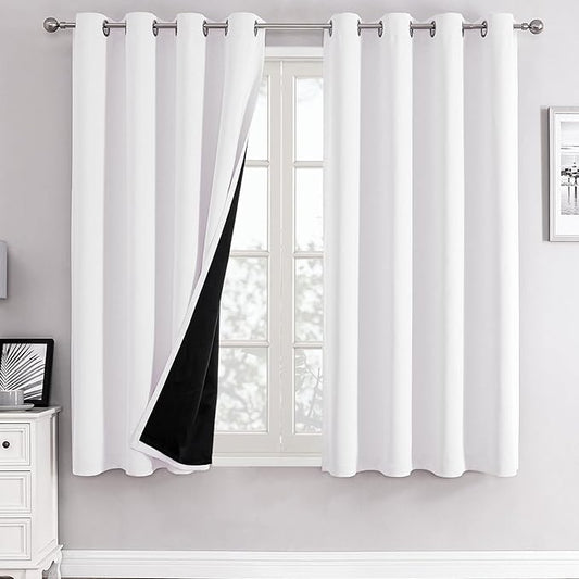 ChrisDowa White 100% Blackout Curtains for Bedroom with Black Liner, 2 Thick Layers Total Blackout Thermal Insulated Grommet Window Curtains 2 Panels Set (Pure White, 52 x 45 Inch)