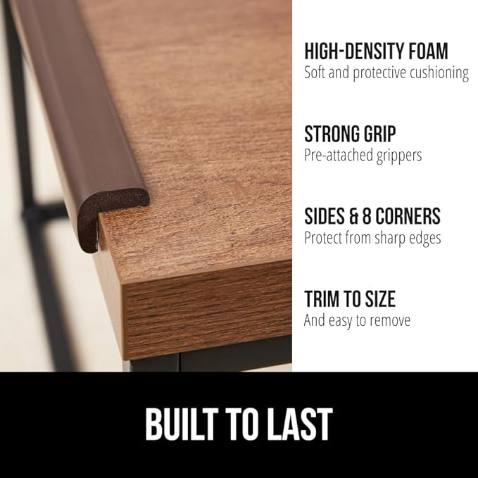 GORILLA GRIP Baby Proof Corners and Edges for Furniture, Kid Proofing Adhesive Table Corner Protectors, Heavy Duty Soft Rubber Foam Protection, Includes 8 Protective Safety Guards, 15 Feet, Brown