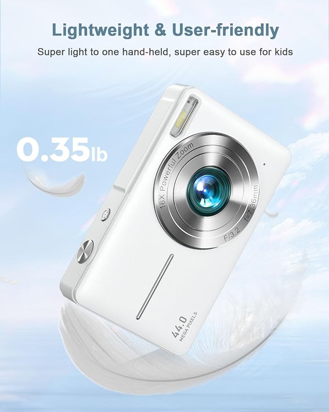 Digital Camera, Kids Camera FHD 1080P Point and Shoot Camera with 16X Zoom Anti Shake, Small Compact Camera for Teen Starter Children Kid Student Girl Boy(Pearl White)