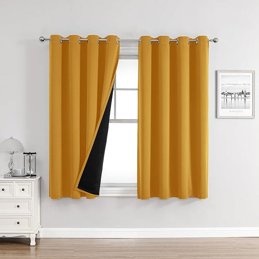 ChrisDowa 100% Blackout Curtains for Bedroom with Black Liner, 2 Thick Layers Total Blackout Thermal Insulated Grommet Window Curtains 2 Panels Set (Mustard Yellow, 52 x 63 Inch)