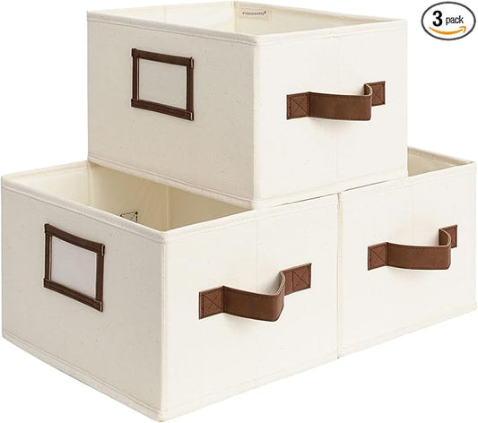 StorageWorks Storage Baskets for Shelves, Foldable Fabric Closet Storage Bins with PU Handles, Fabric Storage Bins Clothes Organizer, Ivory White, 3-Pack, Small