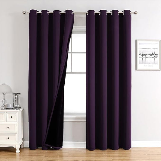 ChrisDowa 100% Blackout Curtains for Bedroom with Black Liner, 2 Thick Layers Total Blackout Thermal Insulated Grommet Long Window Curtains 2 Panels Set (Royal Purple, 52 x 95 Inch)