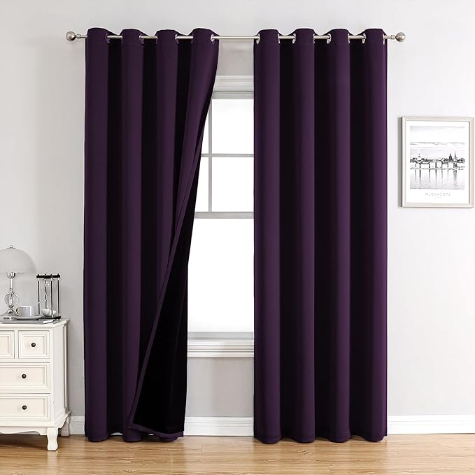 ChrisDowa 100% Blackout Curtains for Bedroom with Black Liner, 2 Thick Layers Total Blackout Thermal Insulated Grommet Window Curtains 2 Panels Set (Royal Purple, 52 x 72 Inch)