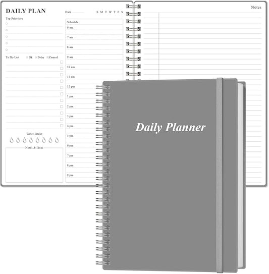 Daily Planner Undated - B5 To Do List Notebook Hourly Schedules, Spiral Appointment Planner for Women and Men, PVC Hardcover, Inner Pocket, Elastic Closure, 7" x 10", Grey