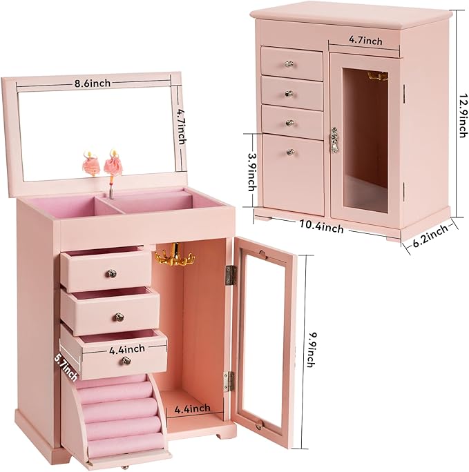 Miratino Jewelry Box for Girls, Kids Jewelry Box with Spinning Dancer, 5 Layer Large Wooden Musical Jewelry Organizer Box Gifts for Little Girls Christmas New Year Birthday Children's Day(Pink)