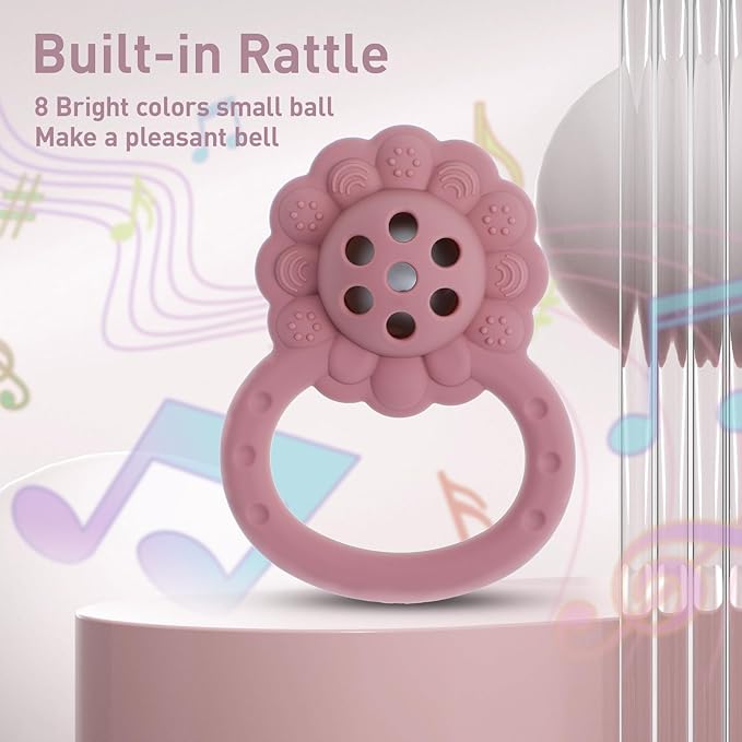 Rattle Teether, Lion Shape Montessori Baby Sensory Teething Toys, Food Grade Silicone BPA Free, Newborn Essentials Must Haves (Shifting Sand Dusty Lilac)